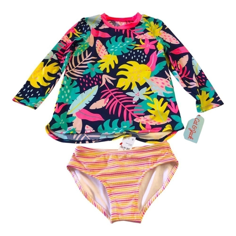 Cat & Jack Toddler Girls Tunic Leaf Print Rash Guard Shirt Stripe Bikini Bottoms